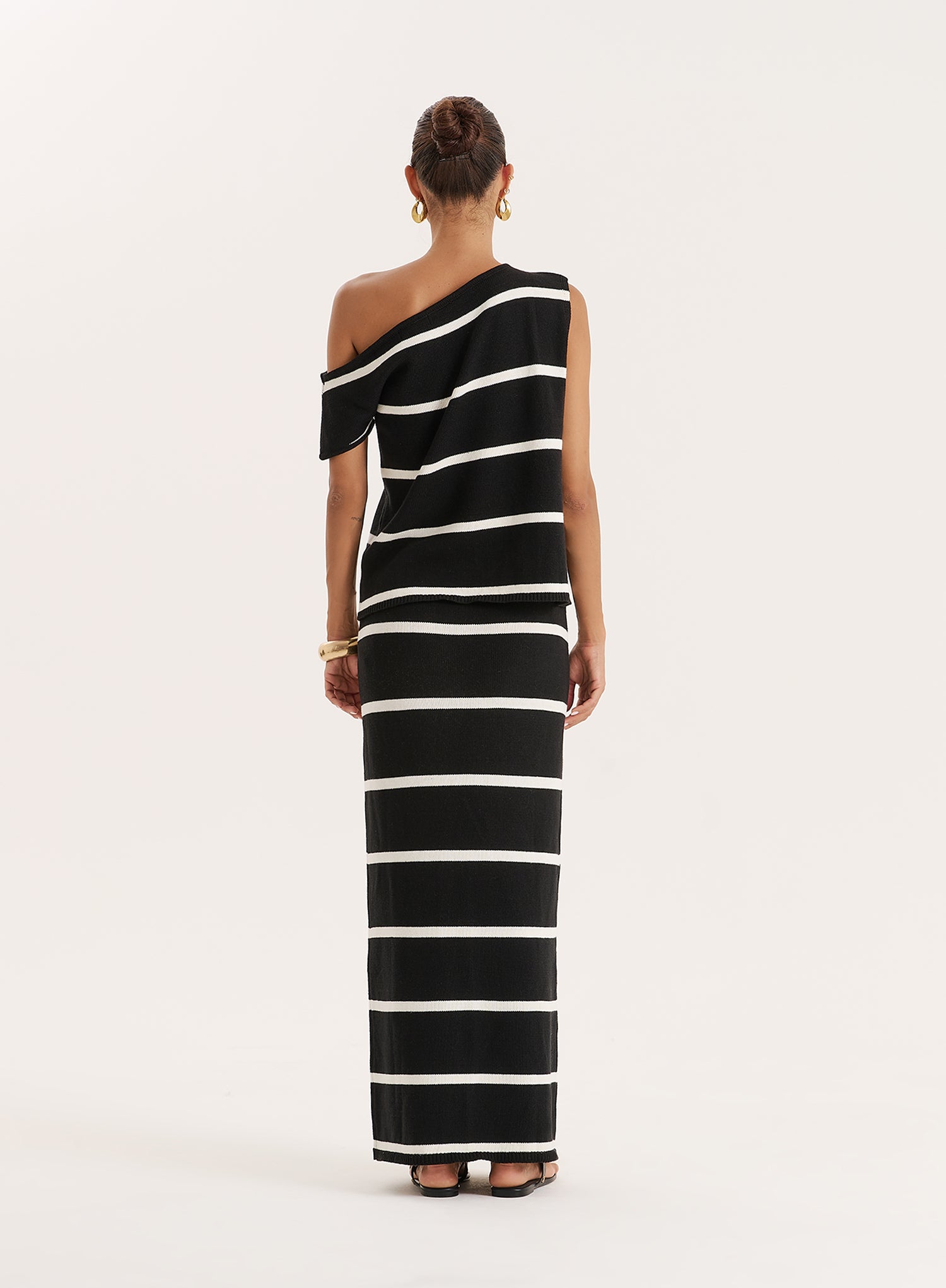 Black And White Stripe Knitted Off The Shoulder Top